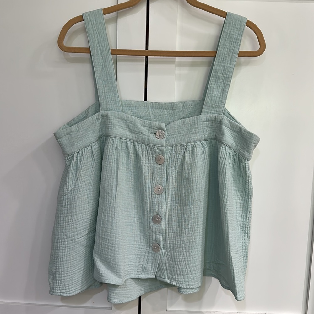 Joie Seafoam Mint Seafoam Green Cotton Gauze Button Open Back Cropped Tank Top